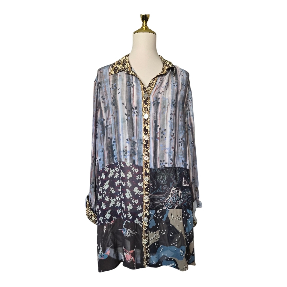 John Mark Mixed Print Patchwork Button Front Tuni… - image 2